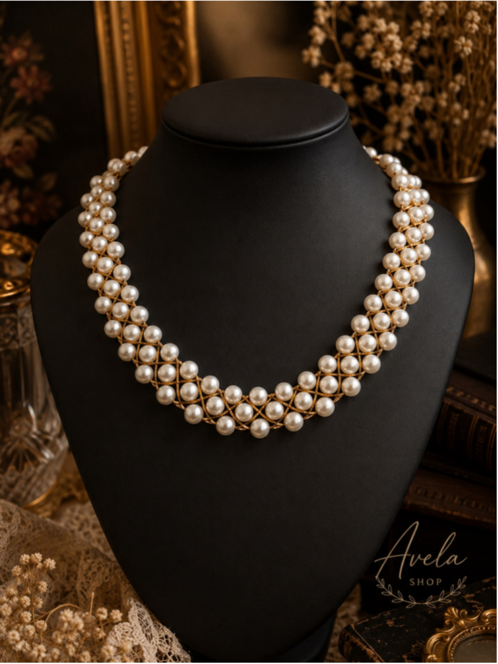 Vintage Gold Plated Faux Pearl Criss Cross Collar Necklace Napier Style 20"